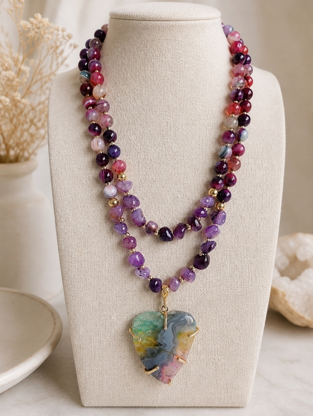 Purple Agate Heart Pendant Necklace Layered Gemstone Beaded 14/16”